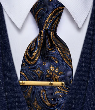 Floral Paisley Mens Gravata Plastrão Clipe de Colar Conjunto Azul Marinho Ouro Gravata de Seda Para os Homens de Negócios de Terceiros Dropshipping corbata azul de Presente