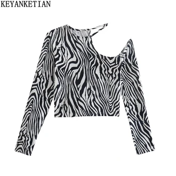 KEYANKETIAN Mulheres estampa de Zebra Contraste de Preto e Branco, Off-the-Ombro Top Design Assimétrico de Alta Rua Apertada Malha T-Shirt