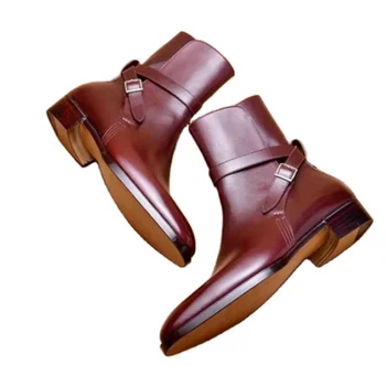 Artesanal Personalizado Homens Sapatos de Salto Baixo de Sapatos de Vestido PU Couro Fivela de Negócios informais Botas Outono Inverno Retro Clássico Masculino Botas