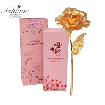 Asklove Ouro 24K Folha de Rosa Flor Decoração do Casamento de Flor Namorada de Presente de um Amante Ouro Rosa Banhado Flores Artificiais caixa de Presente