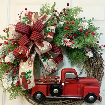 2022 Decoração De Natal Caminhão Vermelho Guirlanda De Porta De Suspensão Fazenda Janela Da Porta Da Frente Decoração De Natal Arco Berry Inverno Coroa De Flores