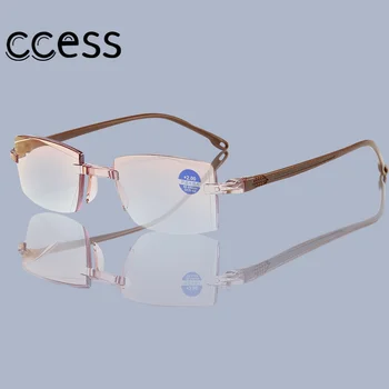 Presbiopia Blue Ray Óculos De Leitura Mulheres Dimond Corte De Óculos Sem Aro Homens Anti Óculos Óculos De Dioptria +100+150 +200+250+300