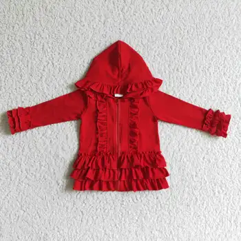 GT0019 menina de algodão vermelho com capuz casaco crianças plissado camisa de manga comprida