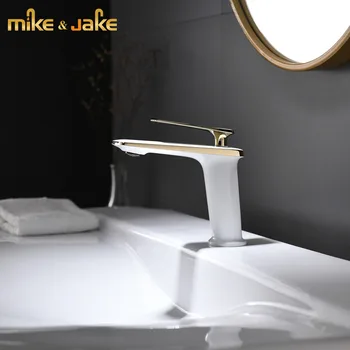 Ouro branco Lavatório torneira de luxo misturador de água do banheiro de bronze de cobre toque quente e ouro bacia torneira de guindaste branco