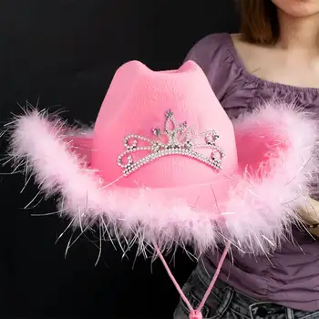 Estilo ocidental Chapéu de Cowboy Rosa de Moda feminina do Partido Deformado Aba Larga com Decoração Coroa, Tiara, Chapéu de Cowgirl