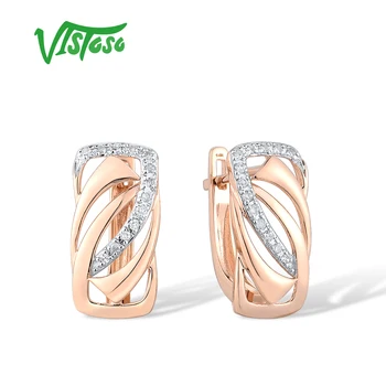VISTOSO 14K 585 Rosa de Ouro Clipe de Brincos Para a Senhora Glamourosa Espumante Brincos de Diamante de Casamento de Luxo Envolvimento de Finas Jóias