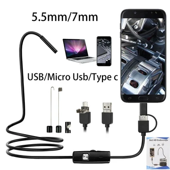 5,5 mm/7mm de Vídeo USB Tipo do Endoscópio c Endoscópica Tubulação de Inspeção Cobra Câmara de Esgoto Carro Boroscópio para Celular Android, Smartphone