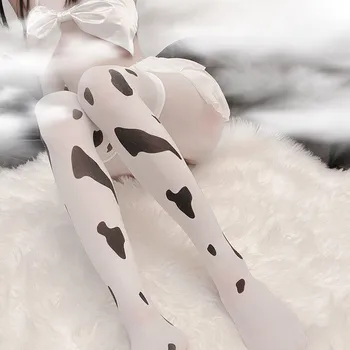 Sexy Apertado Alta Vaca Meias Bonito Branco Estocagem De Pontos Negros Kawaii Boneca De Anime Tentação Meias Cosplay Acessórios Eróticos