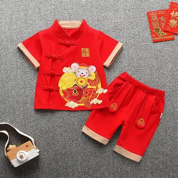 2022 Chinês Tradicional Roupas para Bebê Menino Kawaii Vermelho, camisa de Manga Curta, Calças de 2Pcs Tang Terno de Criança do Bebê de Ano Novo, Presentes de Aniversário