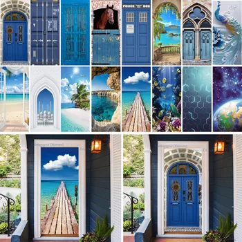 Blue Door Mural de Etiquetas Auto-Adesivas 3D Alívio da Praia do Mar do papel de Parede Personalizado Tamanho da Porta de Casa Projeto de Decoração 3D Natureza Paisagem Decalque