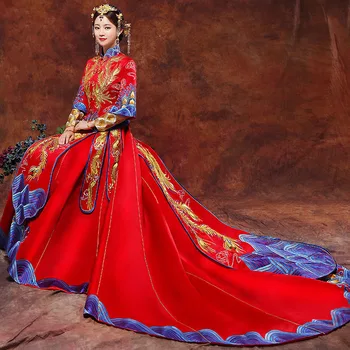 noiva cheongsam Vestidos chineses cerimônia de casamento vestido de noite de vestuário, Bordados Phoenix Festa Qipao estilo tradicional traje