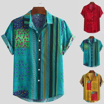 Camisas masculinas Tops da Listra Colorida de Verão de Manga Curta Solta Botões de Camisa Casual Blusa Patchwork Design Novo e Quente Vocação Tops