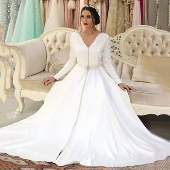Cetim Branco Caftan Morocca Noite Vestido De Mangas Compridas Apliques Botão Islâmica Dubai, Arábia Árabe Vestido De Noite Abaya Vestido De Baile