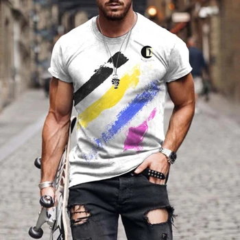 O contraste de Cores 3D Impresso Homens Verão T-Shirt Viés Rua Casual Estilo Solto de grandes dimensões Moda Short Sleeve Top Novo