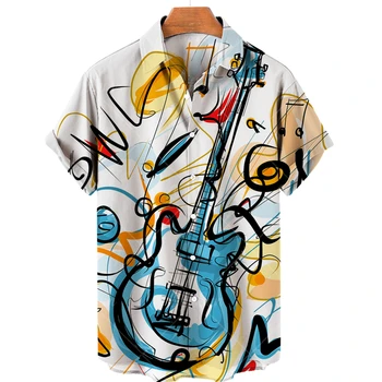 Havaianas Moda, Música de Guitarra de Impressão 3D Camisas masculinas Decote em V Manga Curta Camisa Solta Homens de Roupas de Festa Tops 5xl Camicas