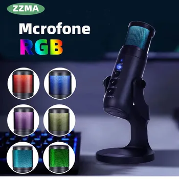 ZZMA Microfone USB para Gravação e Transmissão no PC Phone Mac Saída de Fone de ouvido e Tocar-Botão sem som,Microfone com RGB Microfone
