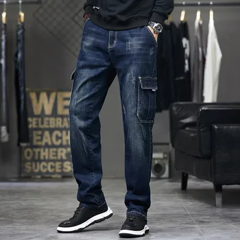 Idopy Homens de calça Jeans Moda Múltiplos Bolsos de Trabalho Azul Vintage Rasgado Angustiado Jeans Calças Para homens Plus Size