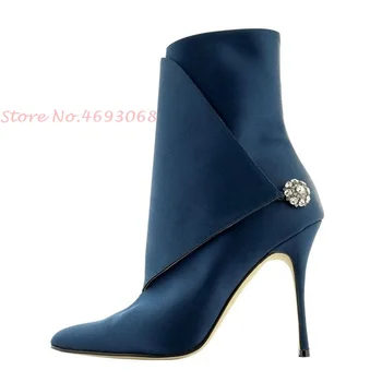 Botão De Seda Emenda De Botas Curtas Dedo Apontado Elegante Tornozelo Sapatos Azul Sapatos Finos Saltos Mulheres Do Estilo Britânico De Inverno