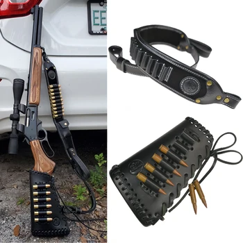 1 Conjunto Completo de Couro Rifle Munição Buttstock Arma Cobrir Com o Ombro Funda / Alça + 2 PCS Gira Em Preto Para .308 .30-06
