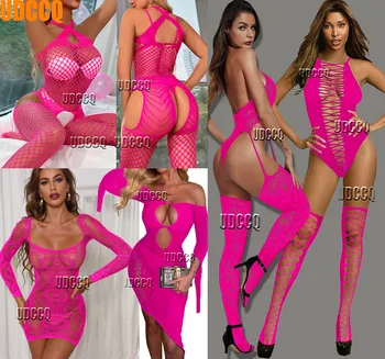 Sexy Pijamas Bodystocking Lingerie Babydoll vestido de roupas íntimas fantasias Chemises Ursinhos Stripper Fluorescente cor-de-rosa Bodysuits boneca