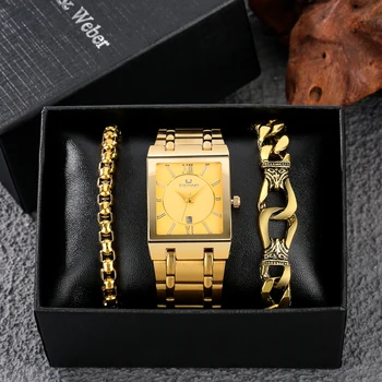 Luxuoso Relógio de Ouro para os Homens Única Praça Mostrador do relógio de Pulso, Pulseiras de Presente Conjunto dos Homens Relógios de Quartzo Relógio de Presente de Homem Reloj Hombre