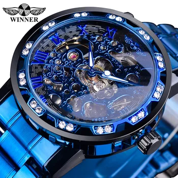 Vencedor Transparente Diamante Relógios Mecânicos De Aço Inoxidável Azul Do Esqueleto Relógio Marca De Topo Negócios De Luxo Luminosa Masculino Relógio