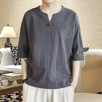 Homens de Camisa de Linho Chinês de Estilo Retro Casual Tops com decote em V de Verão Plus Size Bordado Tradicional Asiática Tang Terno Tops para Homem