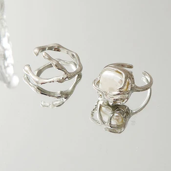2Pcs/Set Floral Cor de Prata Anéis Vintage Pérola do Anel de Dedo Para as Mulheres Geométricas Anéis de Metal Onda de Abertura de Anel de Casamento Jewerly