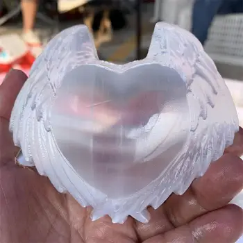 Natural Selenita Cristal de Asas em Forma de Coração Tigela Branca de Gesso Mineral Amostra de Cura Casa Decoração Presentes 1pcs