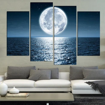 Casa moderna Arte de Parede Decoração Quadro Modular de Imagens De 4 Peças Noite de Lua Cheia, vista para o Mar HD Impresso Pintura Em Tela Para a Sala de