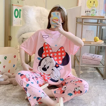Pijama Mulheres de Verão da Disney Dois Terno de Peça de Manga Curta, Calças coreano Cartoon Solta Fino Pescoço Redondo Homewear Conjunto