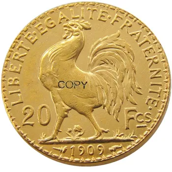 1909 França 20 Franco Galo Banhado A Ouro Cópia Da Moeda