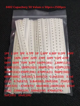 50values*50pcs=2500pcs 0402 Capacitor Cerâmico SMD Kit de 1pF a 10uF Chip Capacitor Cerâmico Exemplo kit Sortido de 10PF 160 105 104 2.