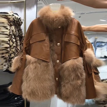 Mulheres de couro da moda vestuário de imitação de pele de raposa de costura casaco de peles 2021 inverno nova PU de couro e jaqueta de couro mulheres