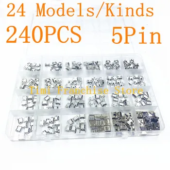 240PCS Caixa de 24 De Valor 24 Modelos Micro usb Kit de cabo 5Pin Tomada Conector Soquete Conectores Usb Kit Para MP3 MP4 MP5
