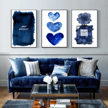 Nordic Azul Graffiti Abstrato Frasco de Perfume de Moda Cartaz de Amor Moderna Tela de Pintura, Arte de Parede Imagem para Decoração de Sala de estar