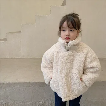 O coreano Sólido Engrossar as Crianças Casaco Quente de Moda Zíper Casual Lambswool Casaco para Menina de Bebê, Roupas de Bebê Meninas Casacos de Inverno