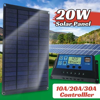 20W 18V Painel Solar Kit Completo com Controlador de Banco de Energia Portátil Carregador Solar para o Smartphone, Carregador de Camping Carro Barco RV