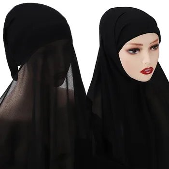 Cor sólida Chiffon Hijab com Capota Sob Cachecol Novo Design Chiffon Hijab Lenço Muçulmano Mulheres de Hijab Caps Senhoras Muçulmanas Lenços