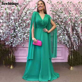 Sevintage Verde Esmeralda Chiffon Vestidos de Baile para as Mulheres 2021 Mangas compridas Arábia árabe Vestidos de Noite Plissado Night Club Roupas