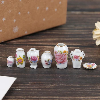 Chegada nova 7 Pcs Mini 1:12 Casa de bonecas em Miniatura de Porcelana Vaso de Flor casinha de Bonecas Acessórios de 1 a 2,5 cm