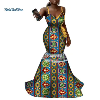 Africana de Impressão Vestidos para Mulheres Bazin Riche Alça de Borla Vestido de Festa Bodycone Vestidos Tradicionais Senhora Africana Roupas WY9185