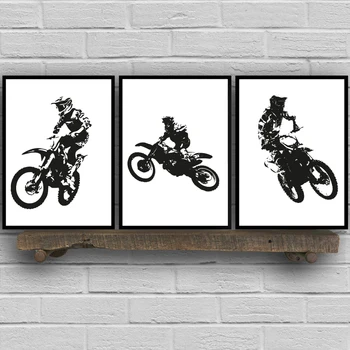 Piloto de Motocross Cartazes de Lona Arte Imprime em Preto e Branco Piloto de motos de Arte Moderna, Pintura Meninos Inicial da Sala de Arte de Parede Decoração
