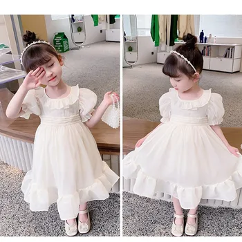 2022 Novas Meninas Vestidos de Branco Para a Festa de Aniversário de Casamento Marrom vestido Vestido infantil de Verão de Manga Curta Princesa Vestido de Roupas