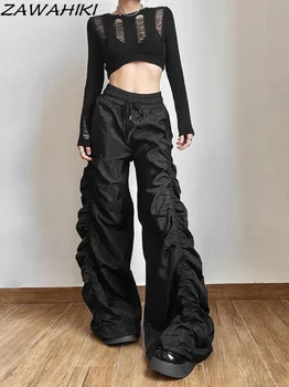 Y2K Roupas de tamanho grande Cordão Meados de Elástico na Cintura Dobre a Perna Solta Calças de Moletom Mulheres Jogger Calças Cargo Streetwear