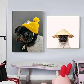 Moda de Cão Pug Com um Chapéu Engraçado de Animal de Pôsteres e Impressões Bonito Decoração do Quarto de Tela de Pintura Indie Estética, Arte de Parede HomeDecoration