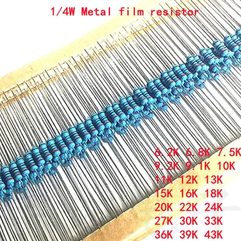 100piece cabo médico 1/4W de resistores de Filme de Metal De 1% 6.2 K 6.8 K 7.5 K 8.2 K 9.1 K 10 K 11 K 12 K 13K 15K 16 18 20 22 24 27 30 33 36 39 43 Ohm de Precisão