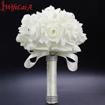 WifeLai-Um 1Piece Baratos da Dama de honra de Decoração de Casamento Foamflowers Rose bouquet de Noiva Branco de Cetim de Casamento Romântico buquê PL15
