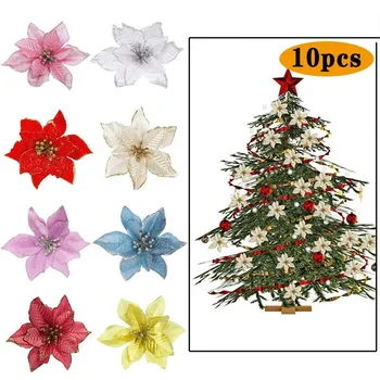 10pcs Glitter Flores Artificiais para a Árvore de Natal, Guirlandas de Decoração Enfeite Pendurado Pingente de Natal de Navidad de Férias Suprimentos